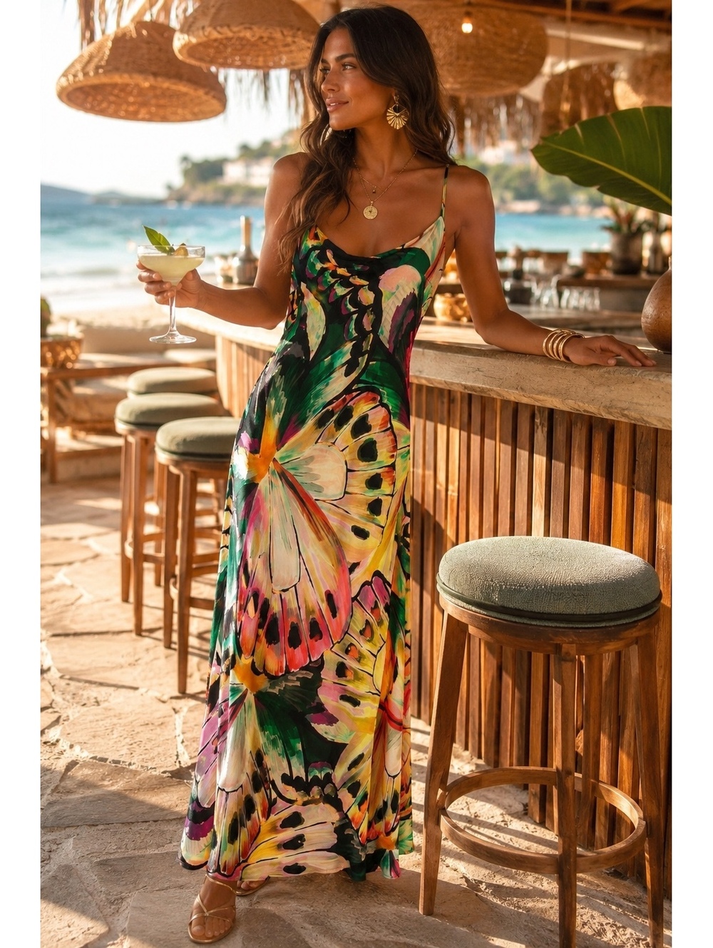 FARM Rio Anthropologie Butterfly Print Viscose Maxi Resort Dress
